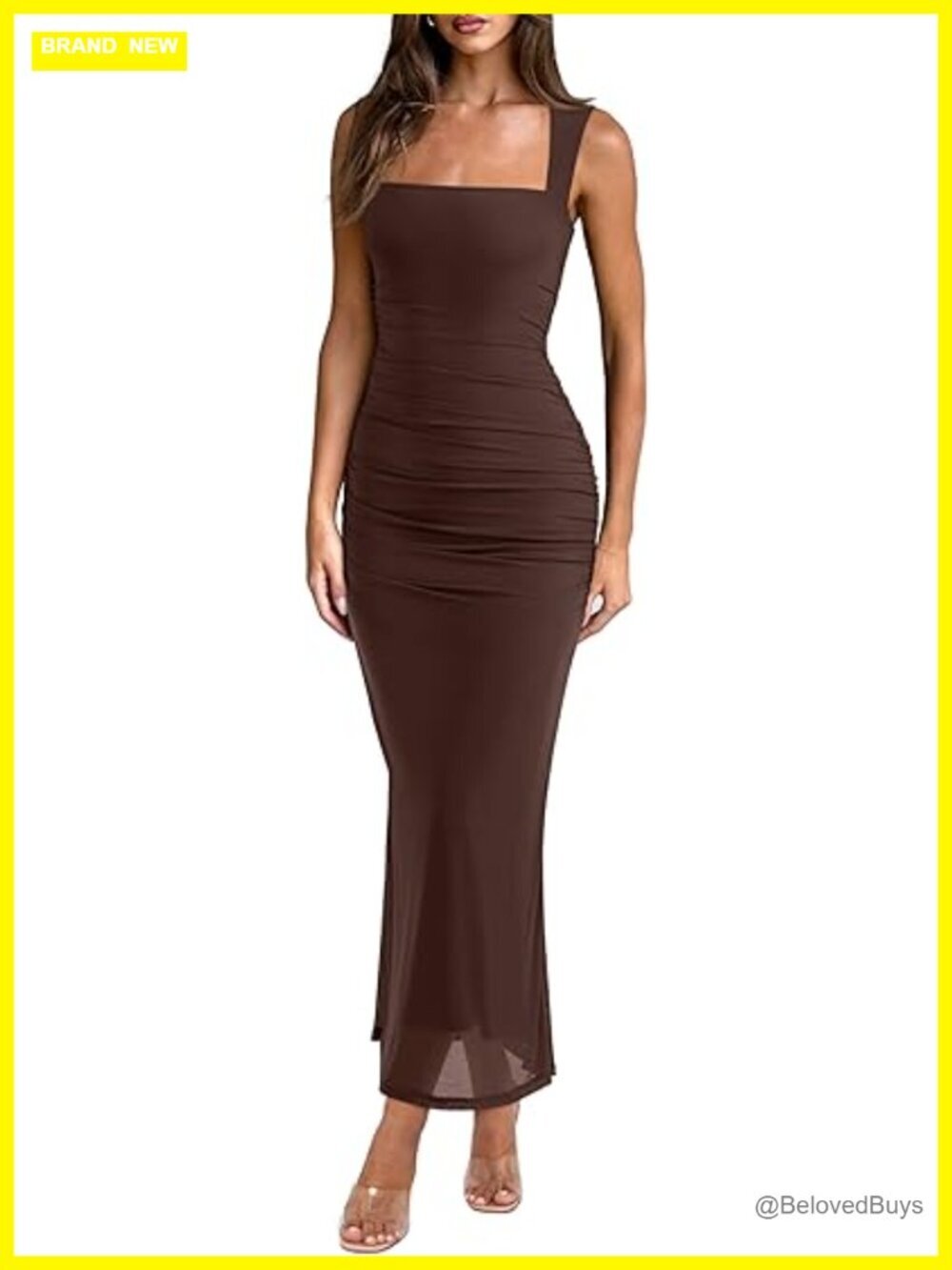 Sleeveless Square Neck Sheer Mesh Ruched Bodycon Maxi Dress